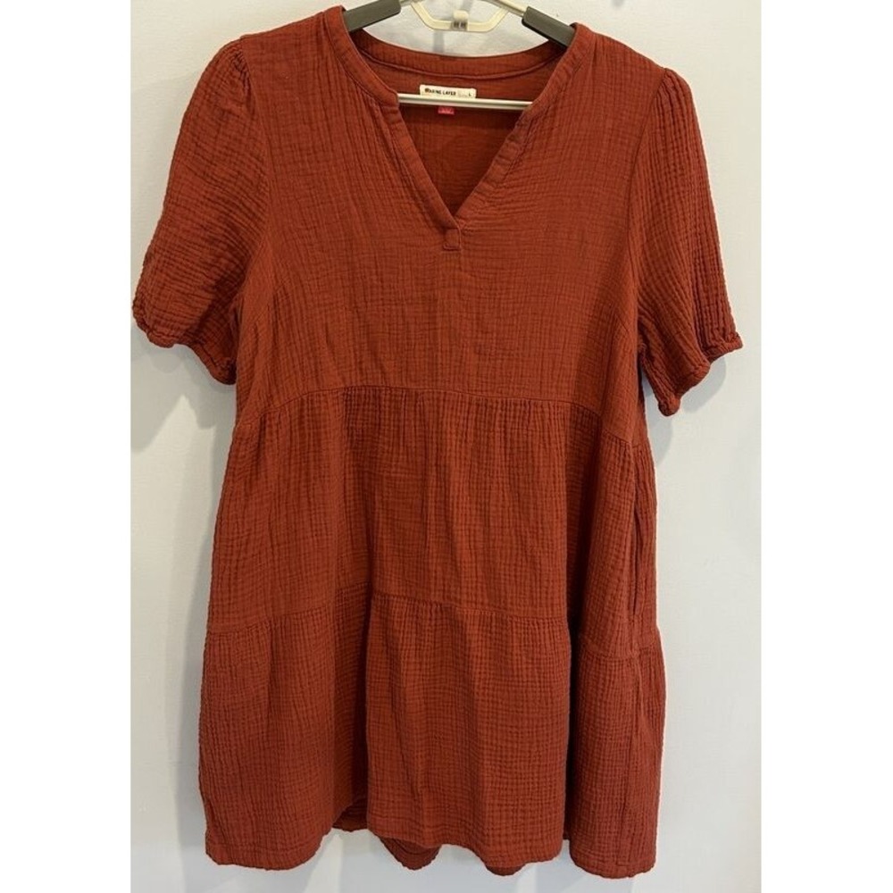 Marine Layer Cotton Gauze Tiered Dress Rust Orange Short Sleeve Jamie Pockets L
